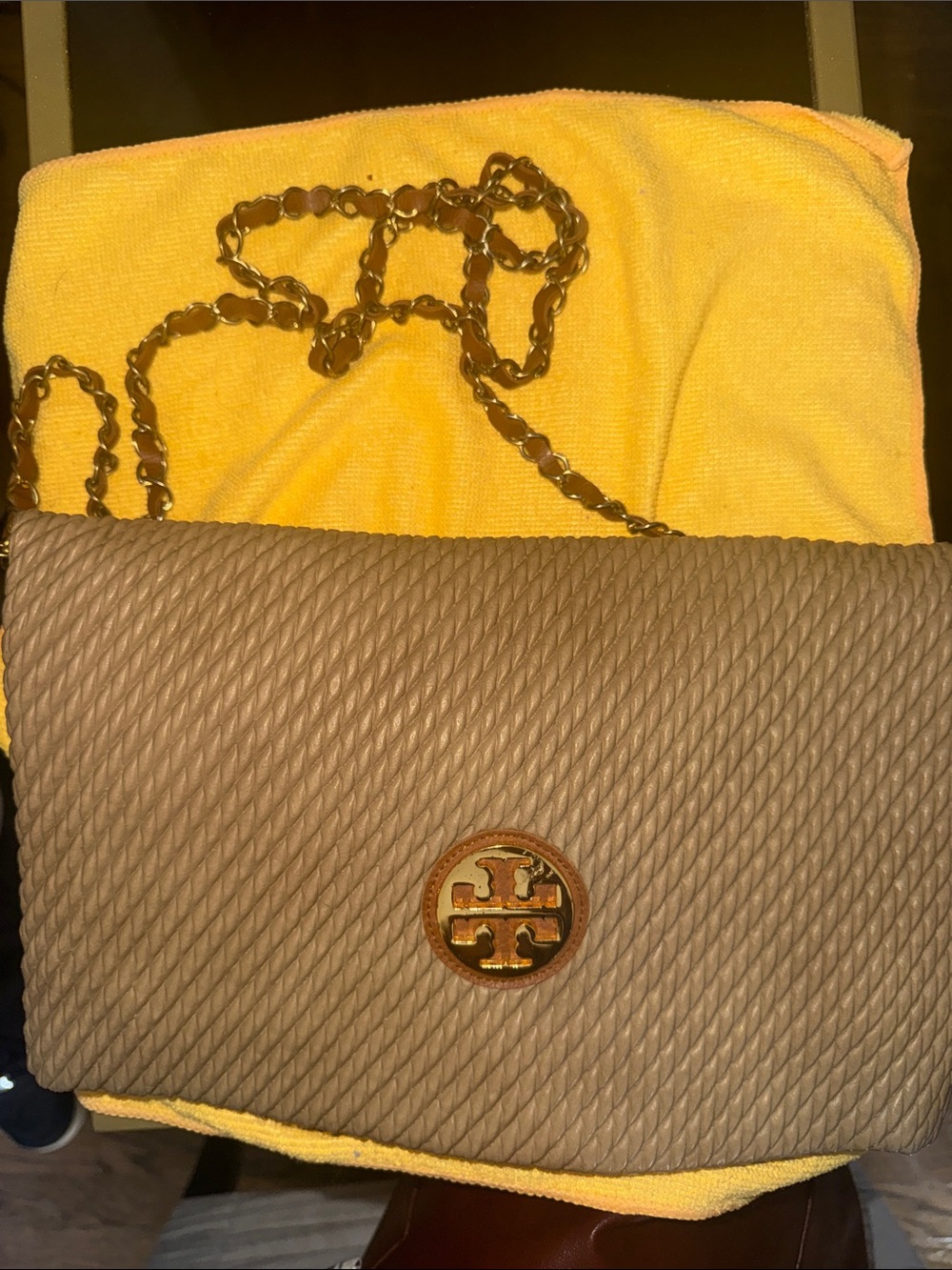 Tory Burch Quilted Taupe Leather Crossbody with Gold Chain
